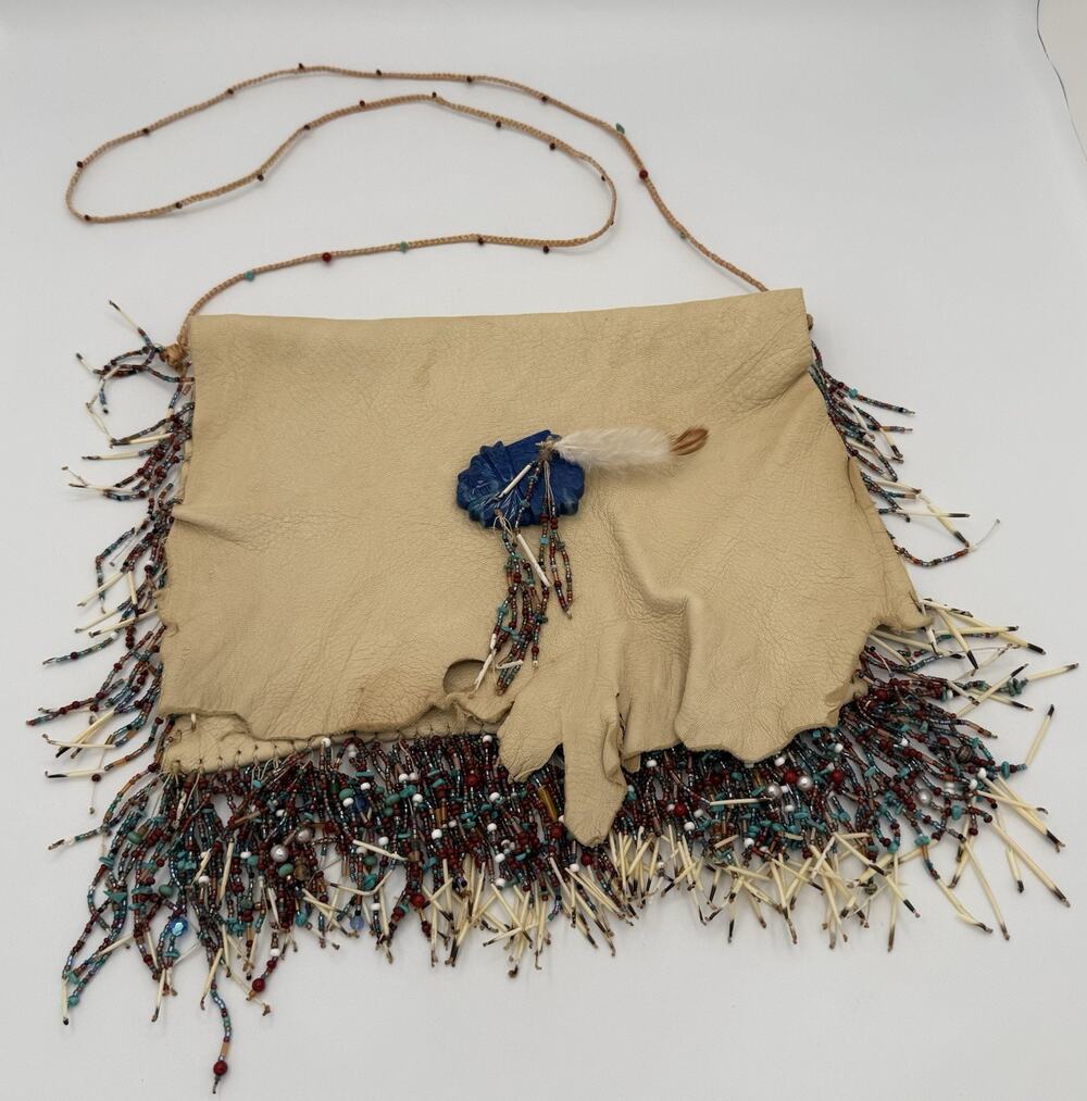 Native Beaded Leather Bag Fringe Quills Lapis Lazuli Chief Stone Vintage